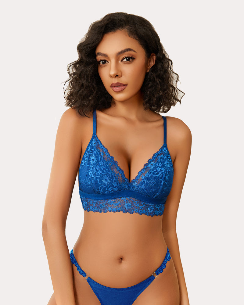 Blue lace wireless non-padded bralette with V-neck floral lace cups
