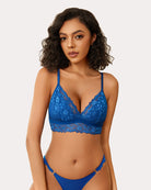 Blue lace wireless non-padded bralette with V-neck floral lace cups