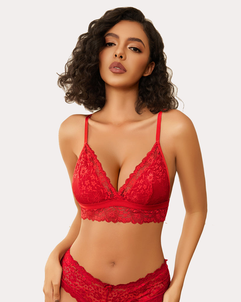 Red lace wireless non-padded bralette with adjustable straps and lace underband
