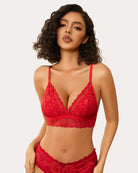 Red lace wireless non-padded bralette with adjustable straps and lace underband