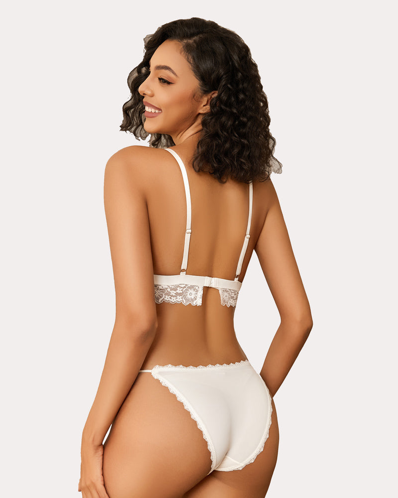 White lace wireless non-padded bralette back view with adjustable straps