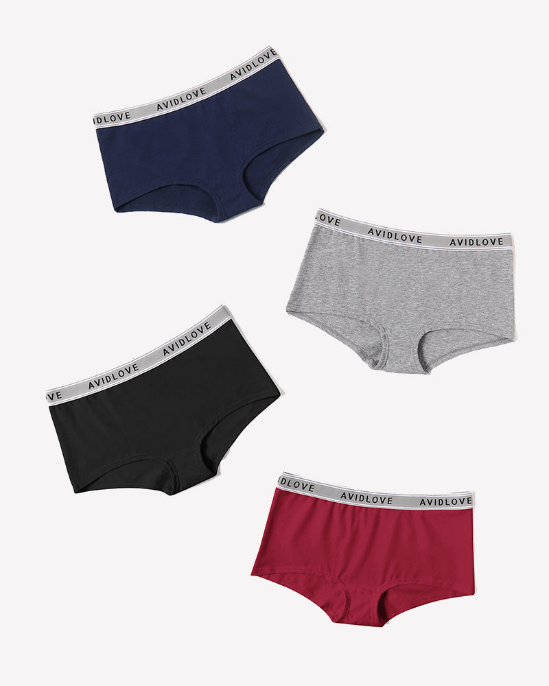 Color variety cotton full-coverage panties in navy, gray, black, and red with logo waistbands.