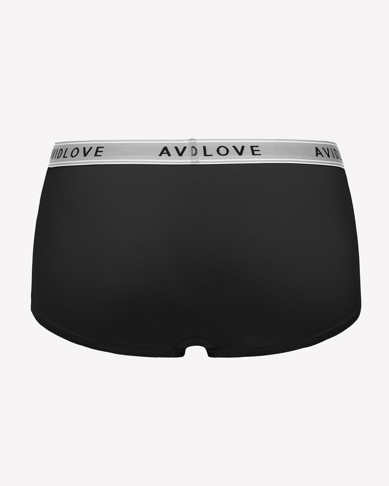 Black full-coverage cotton panties, AVIDLOVE logo waistband, back view boxer-short cut.