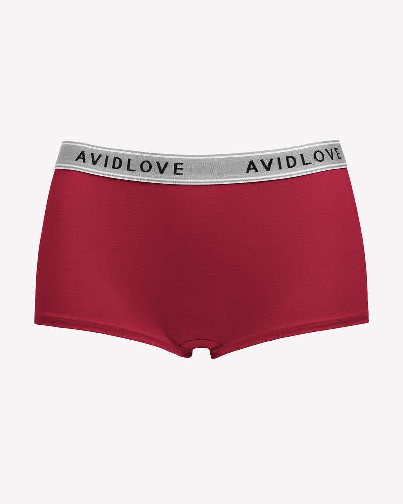 Red full-coverage cotton panties, AVIDLOVE logo waistband, boxer-short cut.