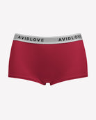 Red full-coverage cotton panties, AVIDLOVE logo waistband, boxer-short cut.