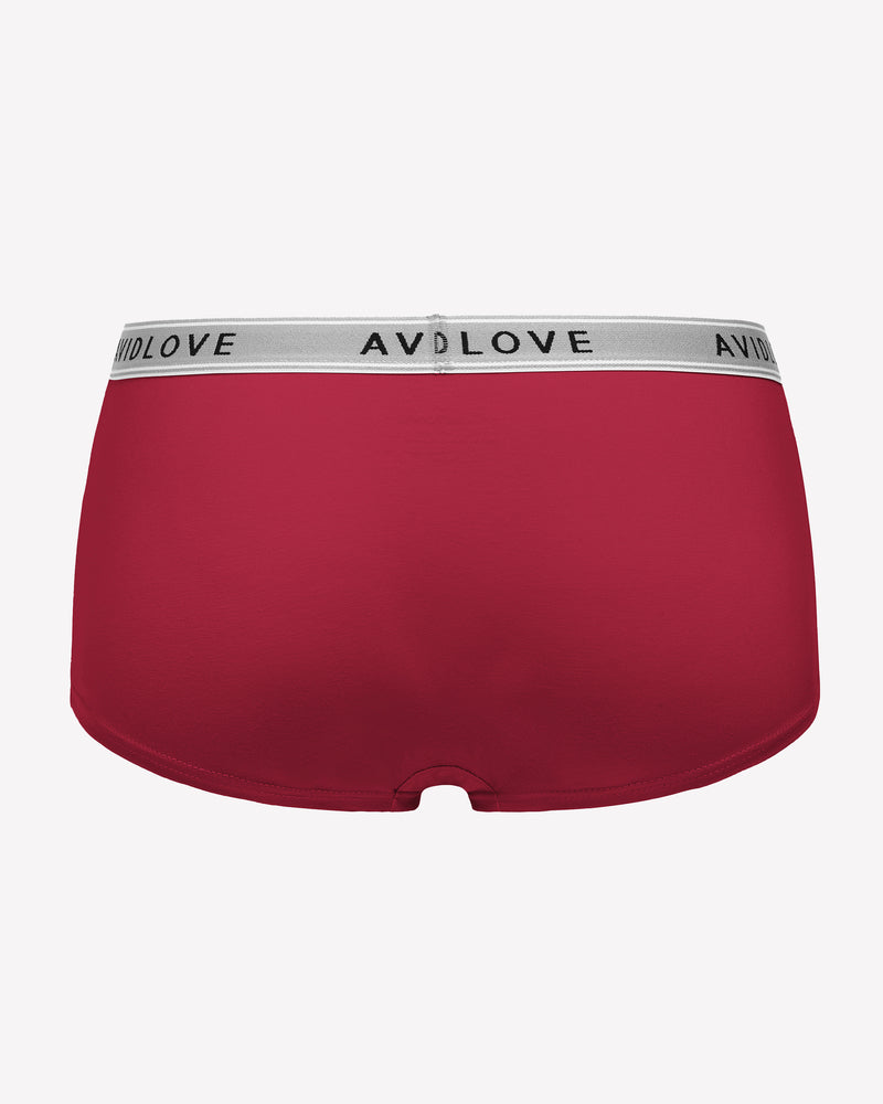 Red full-coverage cotton panties, AVIDLOVE logo waistband, back view boxer-short cut.