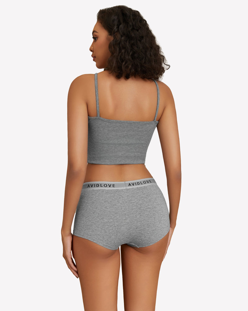 Gray cotton full-coverage panties, back view, with logo waistband.
