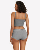 Gray cotton full-coverage panties, back view, with logo waistband.