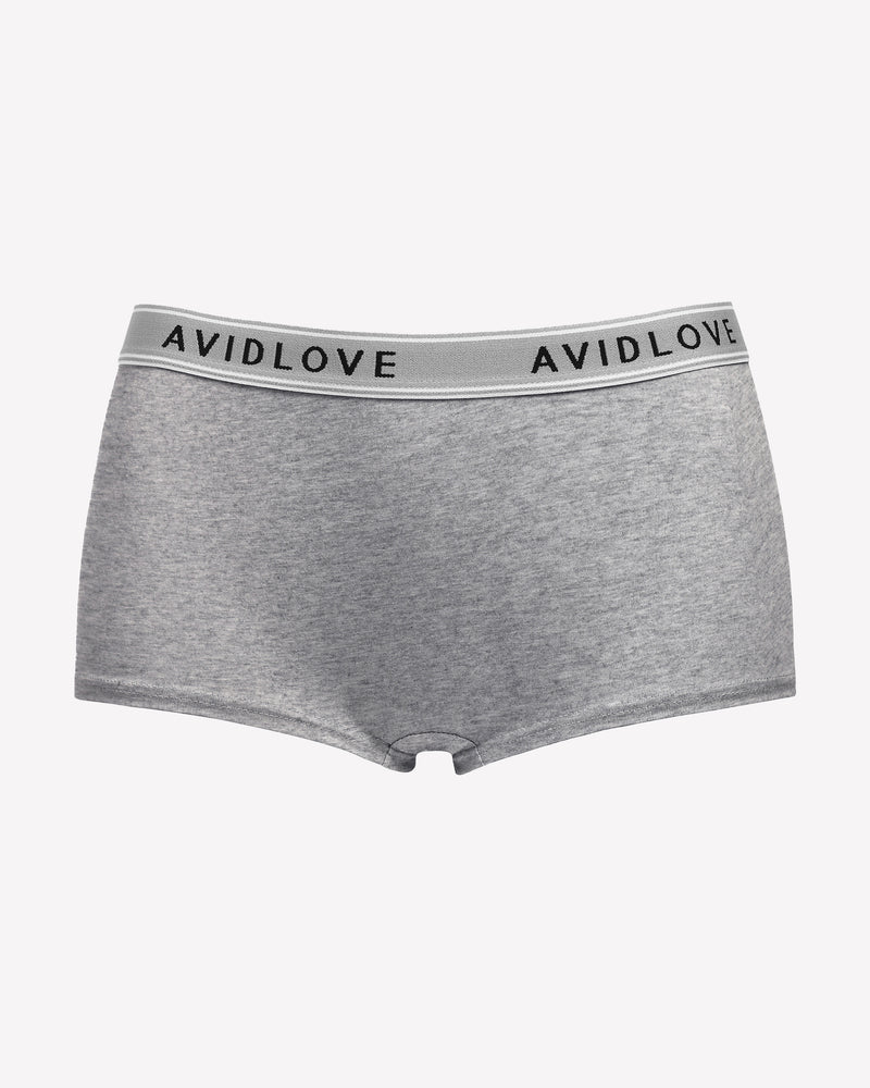 Gray full-coverage cotton panties, AVIDLOVE logo waistband, boxer-short cut.