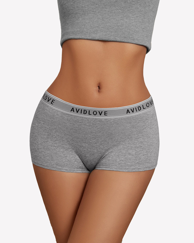 Gray cotton full-coverage panties, front view, with logo waistband.