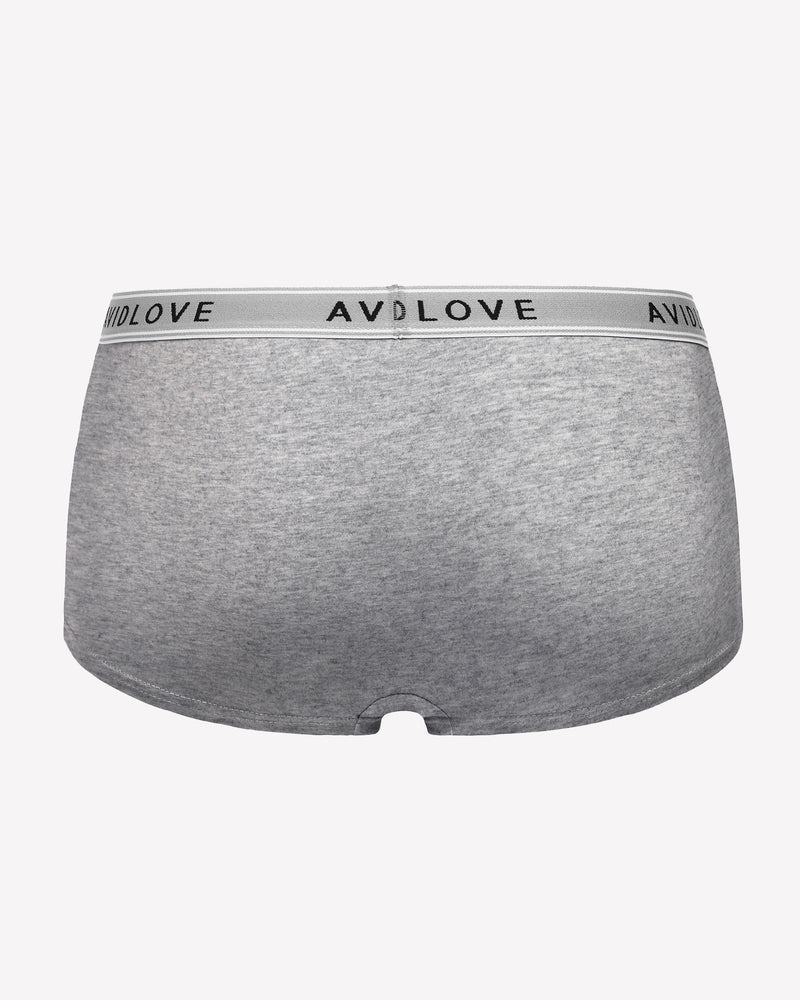 Gray full-coverage cotton panties, AVIDLOVE logo waistband, back view boxer-short cut.
