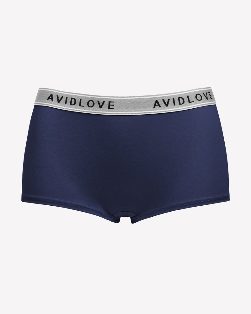Navy full-coverage cotton panties, AVIDLOVE logo waistband, boxer-short cut.