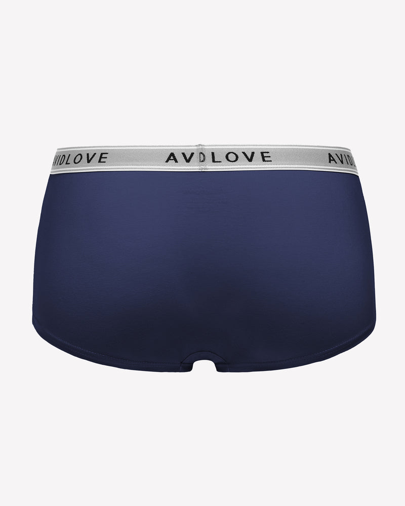 Navy full-coverage cotton panties, AVIDLOVE logo waistband, back view boxer-short cut.