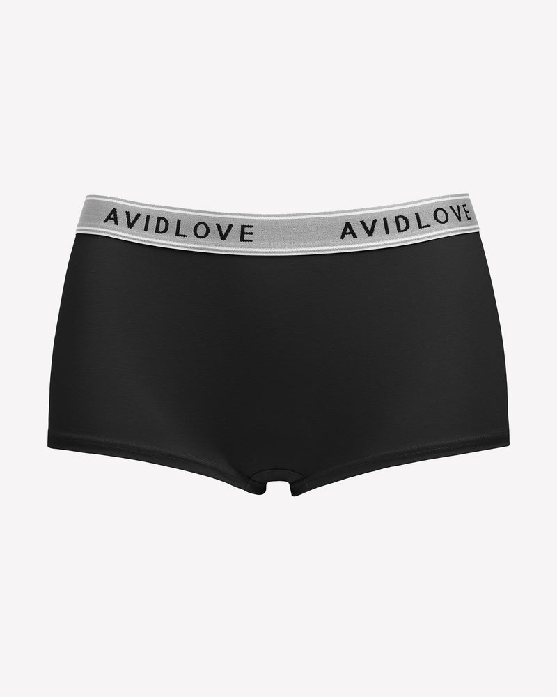 Black full-coverage cotton panties, AVIDLOVE logo waistband, boxer-short cut.