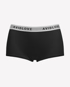 Black full-coverage cotton panties, AVIDLOVE logo waistband, boxer-short cut.