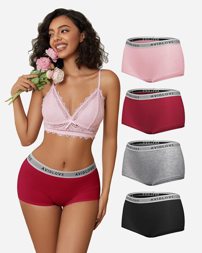 Pink cotton full-coverage panties with lace trim and logo waistband.