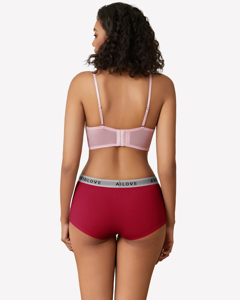 Cotton full-coverage panties in dark red, back view, with Avidlove logo waistband.