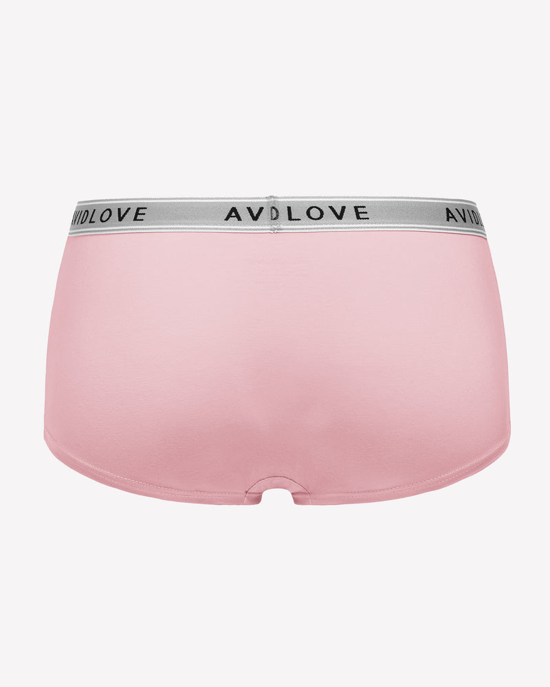 Cotton full-coverage panties in pale pink, close-up front, with Avidlove logo waistband.