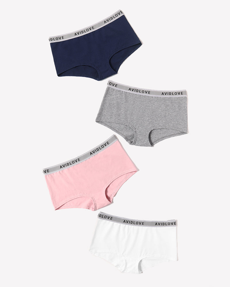 Set of cotton full-coverage panties in navy, gray, pink, and white with Avidlove waistband.