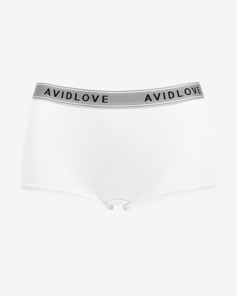 Cotton full-coverage panties in white with Avidlove logo waistband.