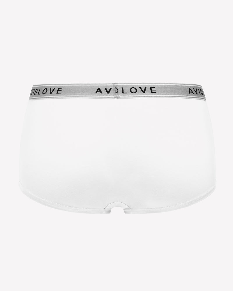 Cotton full-coverage panties in white, back view, with Avidlove logo waistband.