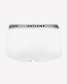 Cotton full-coverage panties in white, back view, with Avidlove logo waistband.