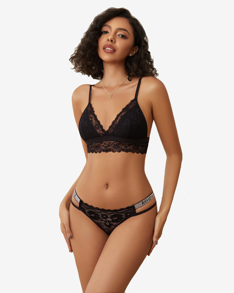 Cotton hipster panties in black floral lace with scalloped edges and striped waistband trim