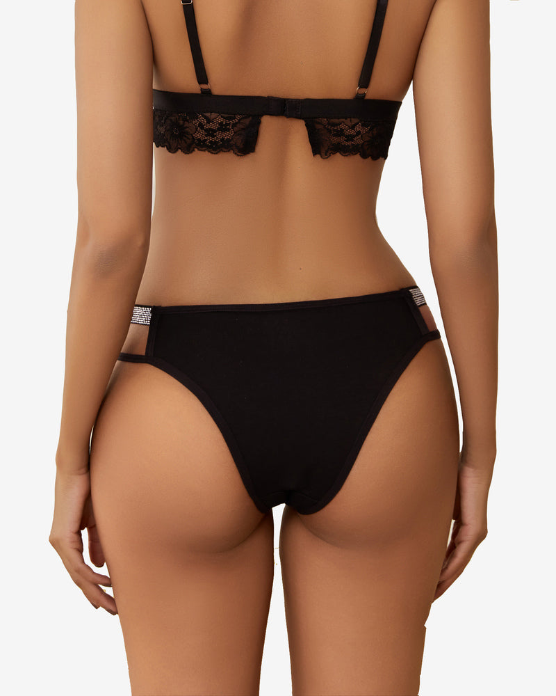 Cotton hipster panties in black with lace waistband trim and striped elastic band