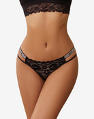 Cotton hipster panties in black floral lace with scalloped waistband and striped side trim