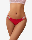Red lace hipster panties with striped elastic trim at the sides