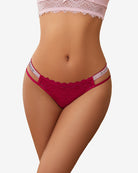 Red lace hipster panties with scalloped edges and striped side trim
