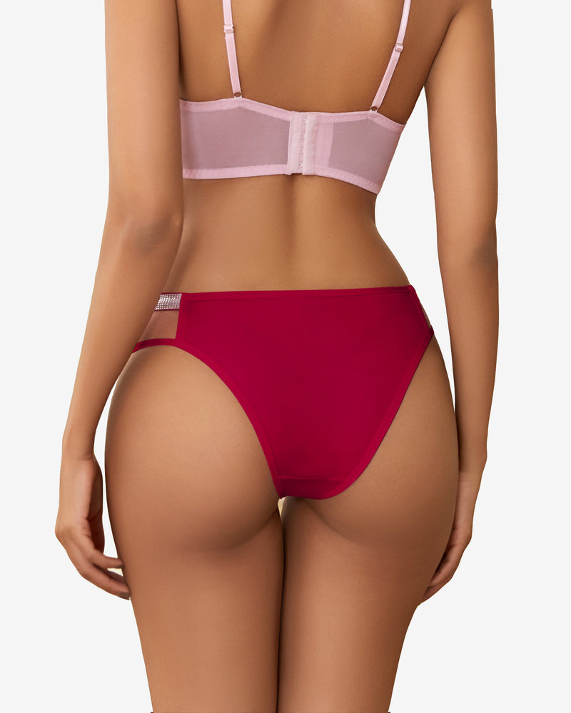 Red hipster panties with smooth fabric and striped waistband trim