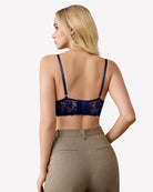 Blue wireless lace bralette back view with lace panel and adjustable shoulder straps