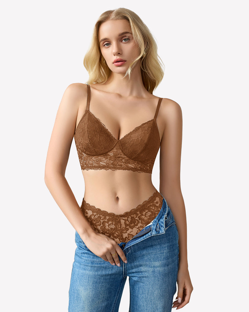 Brown wireless lace bralette with lace cups and scalloped trim, adjustable straps