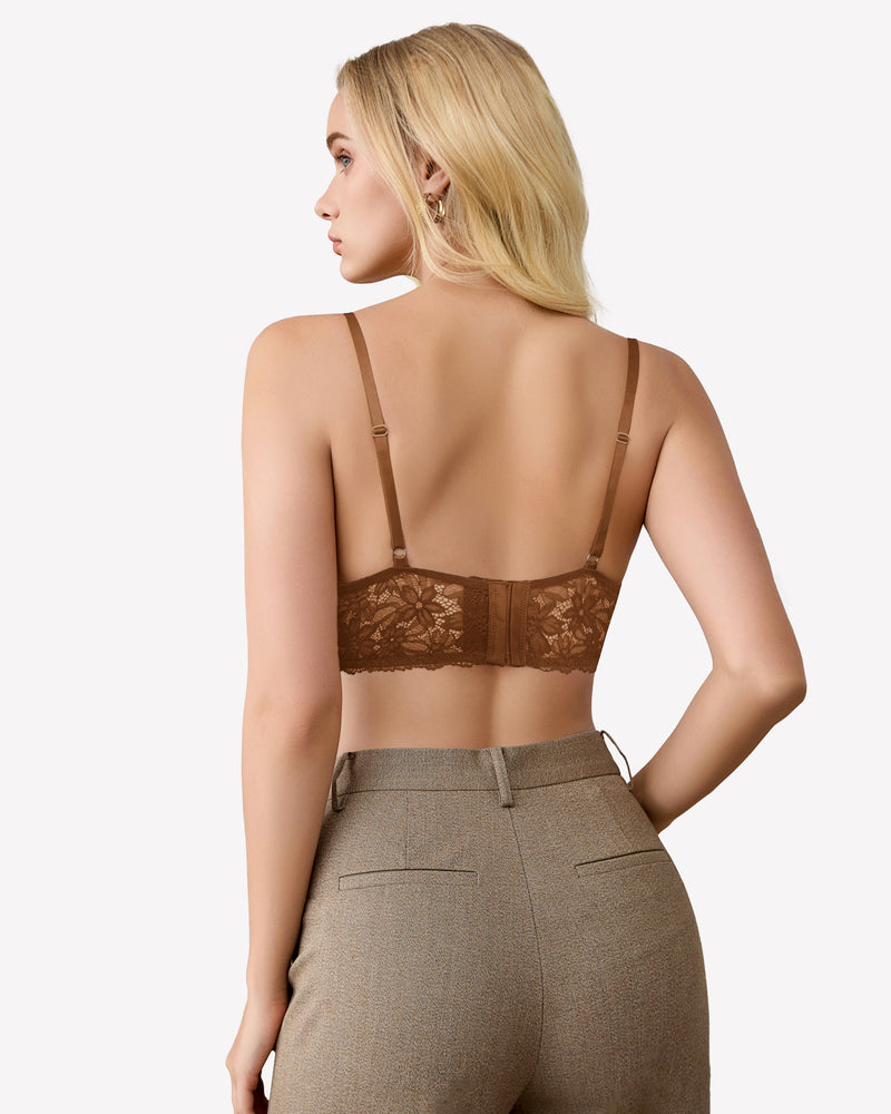 Brown wireless lace bralette back view with lace panel and adjustable shoulder straps