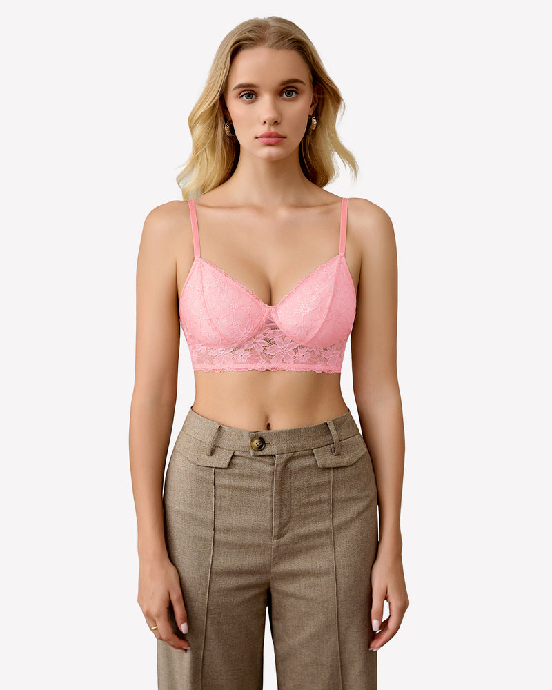 Pink wireless lace bralette with lace cups and adjustable straps, scalloped lace trim