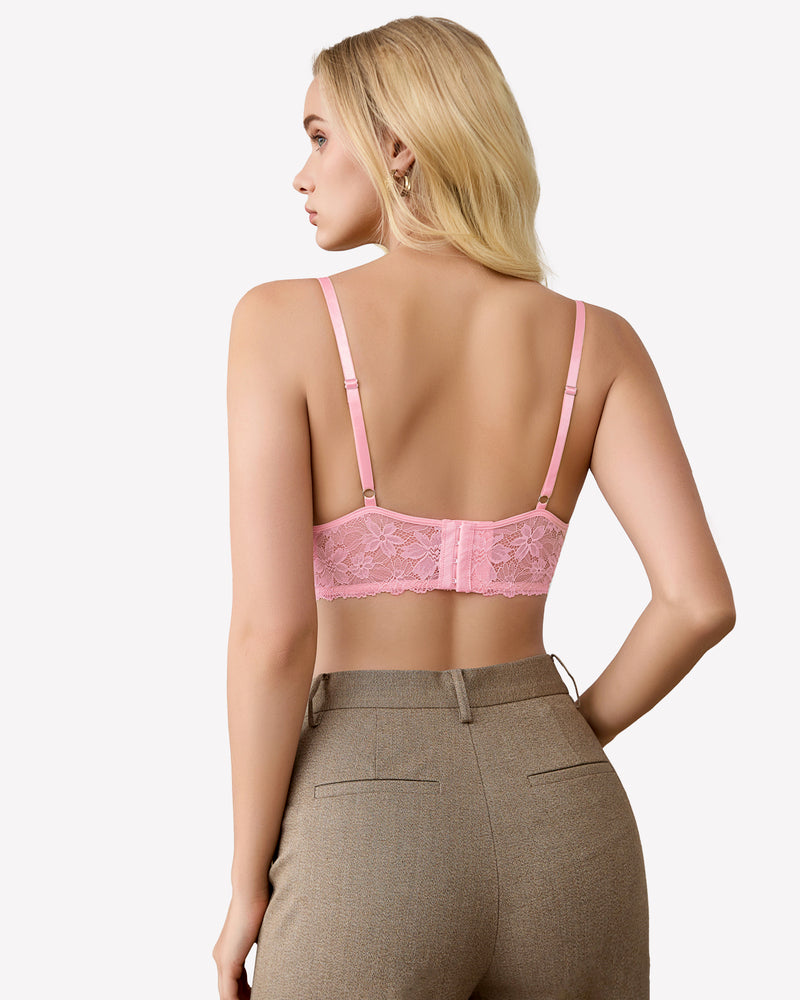 Pink lace wireless bralette with adjustable straps, back view