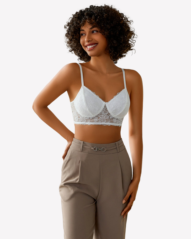 White lace wireless bralette with underwire cups and adjustable straps
