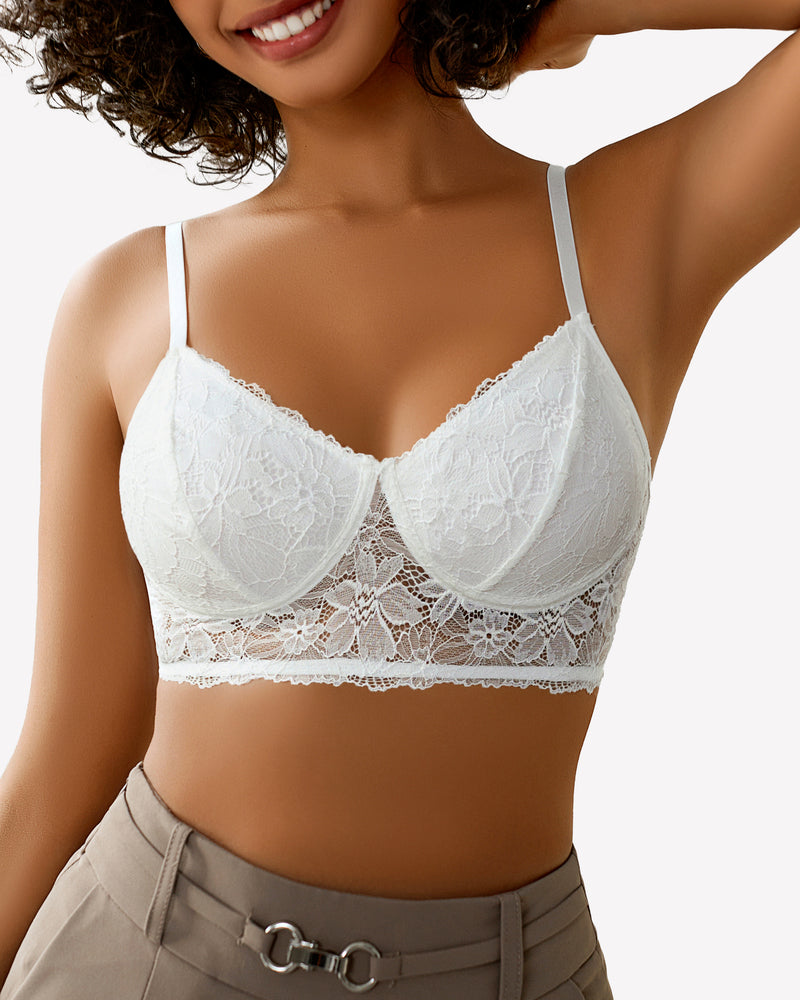 White lace wireless bralette with lace cups and scalloped underband