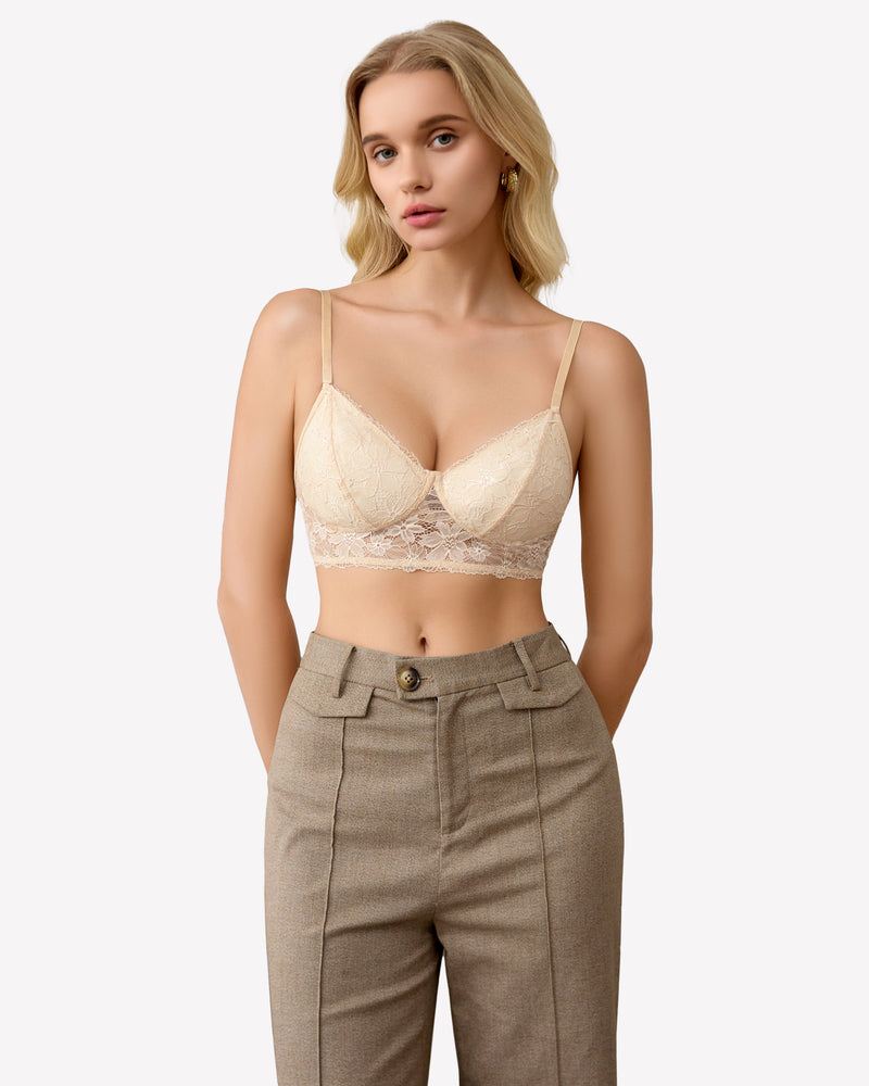 Cream lace wireless bralette with underwire cups and lace trim