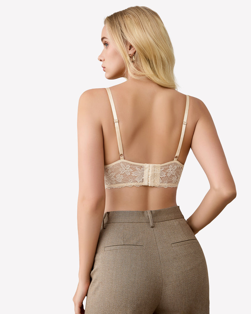 Cream lace wireless bralette, open back with adjustable straps