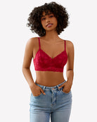 Red lace wireless bralette with underwire cups and adjustable straps