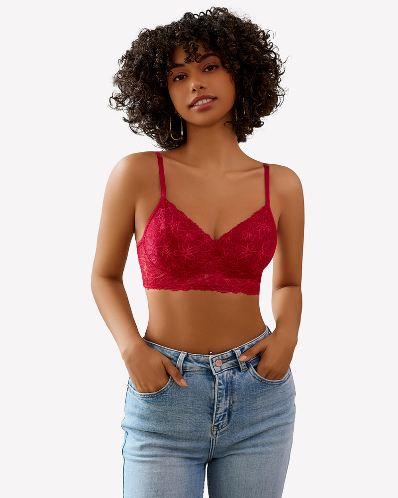 Red lace wireless bralette with underwire cups and adjustable straps