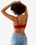 Red lace wireless bralette, open back with adjustable straps
