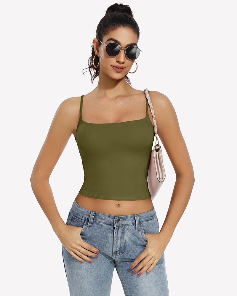 Army green double-lined tank top crop top with square neckline and thin straps