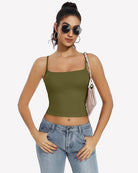 Army green double-lined tank top crop top with square neckline and thin straps