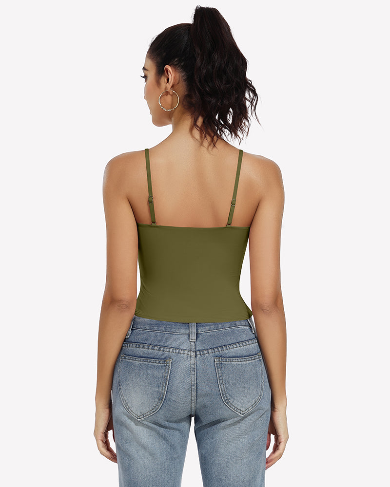 Army green double-lined tank top crop top with open back and slim straps