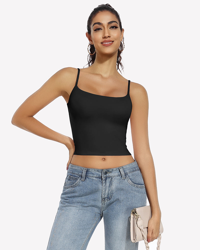 Black double-lined tank top crop top with square neckline and slim straps