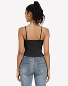 Black double-lined tank top crop top, open back with thin adjustable straps