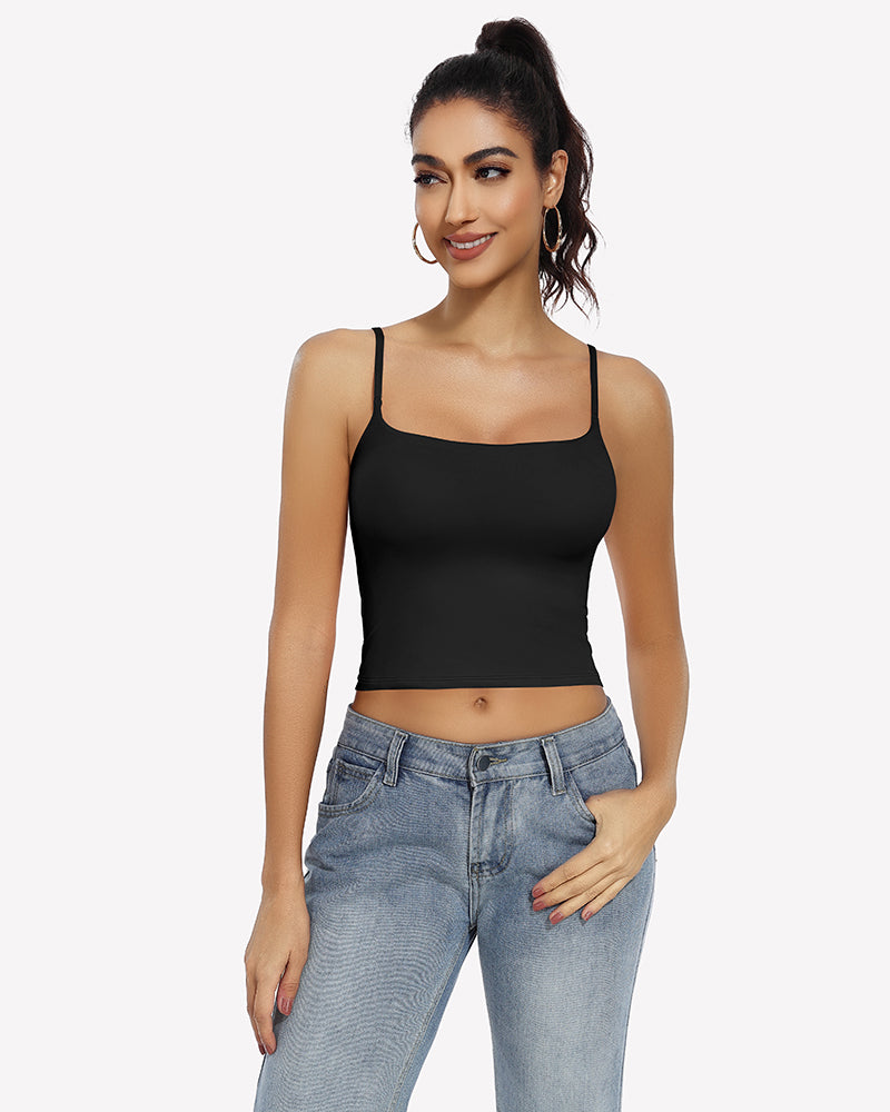 Black double-lined square-neck crop tank top with spaghetti straps